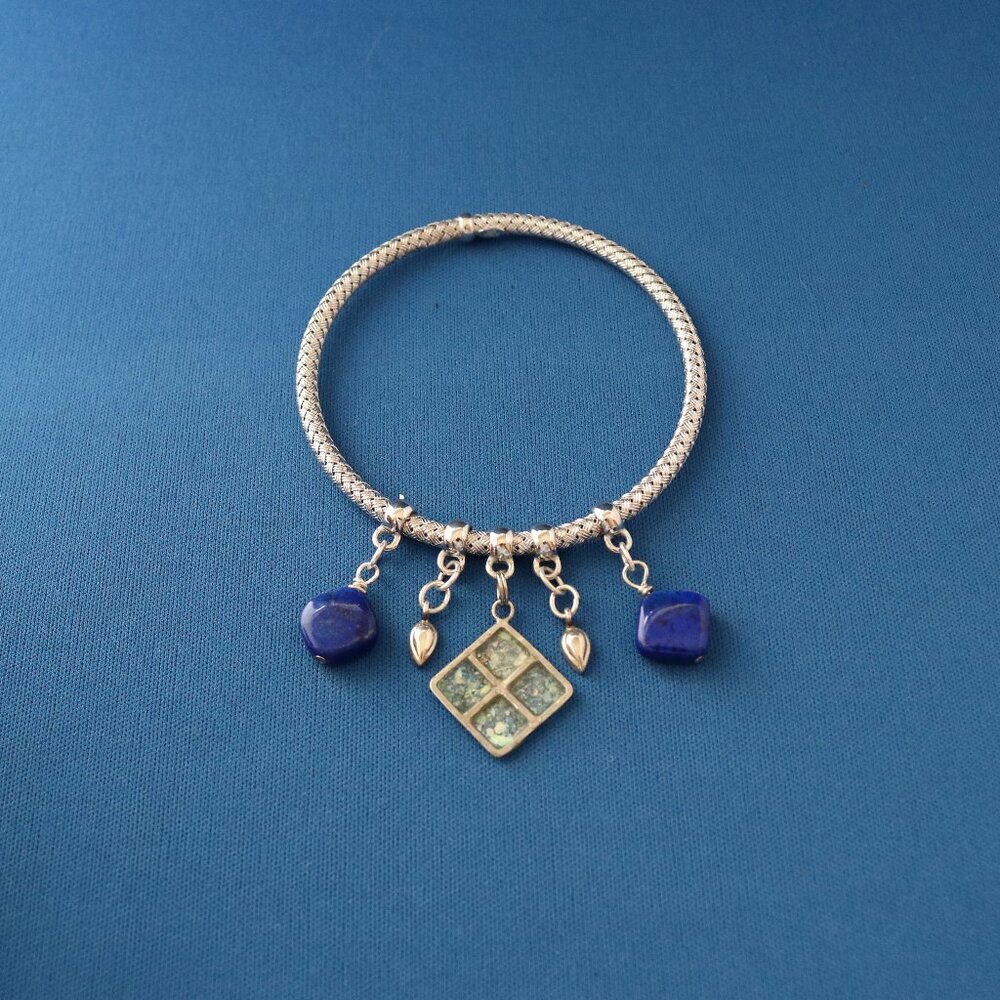 Ancient Roman Glass and Lapis Lazuli Silver Bangle Bracelet